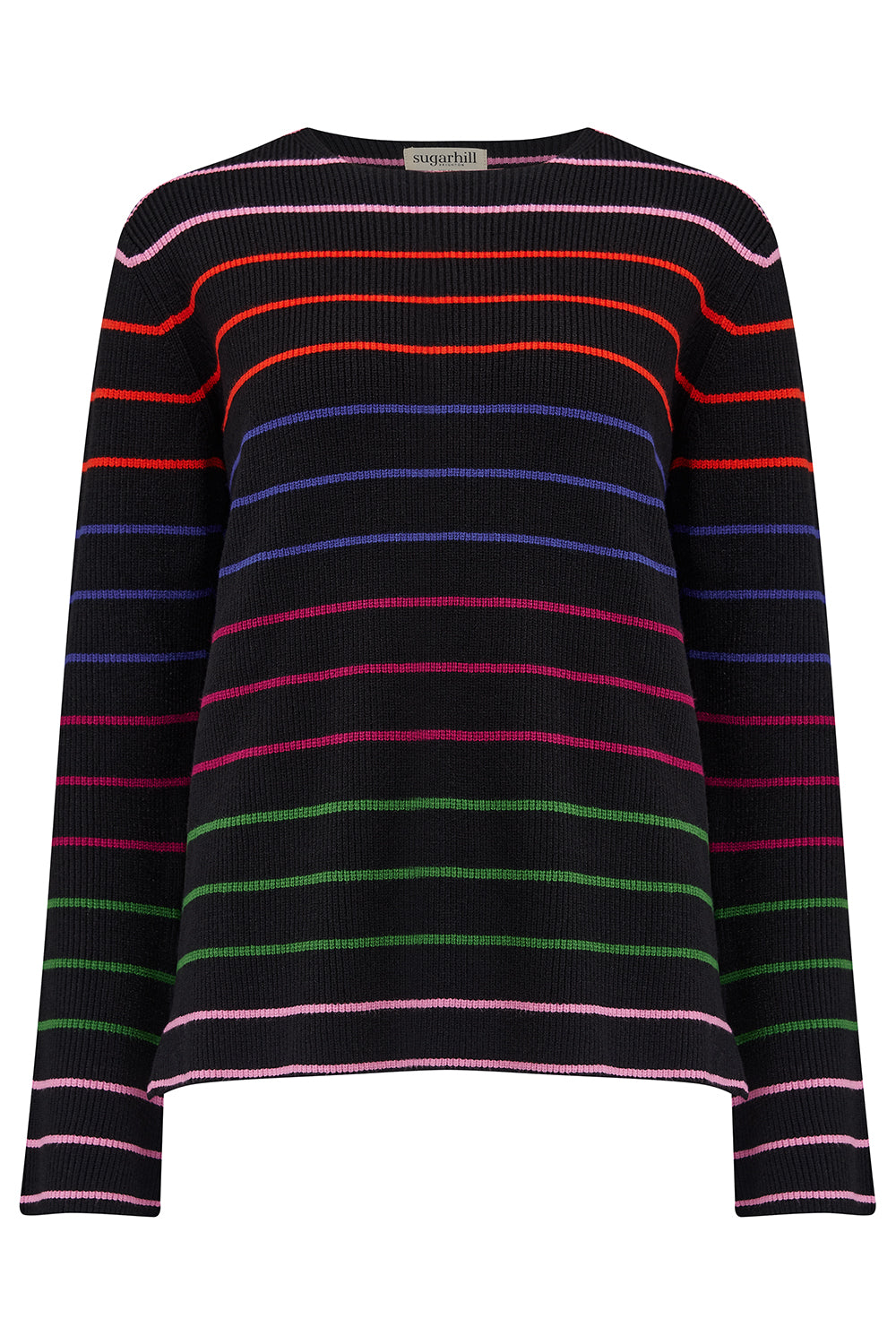 A black long-sleeved jumper with horizontal rainbow stripes in pink, red, blue, and green.