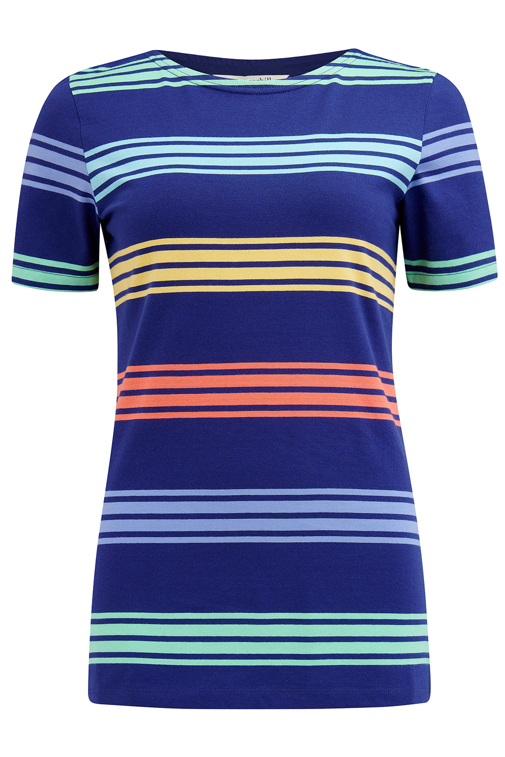A navy blue sleeveless jersey top with horizontal orange and yellow stripes.