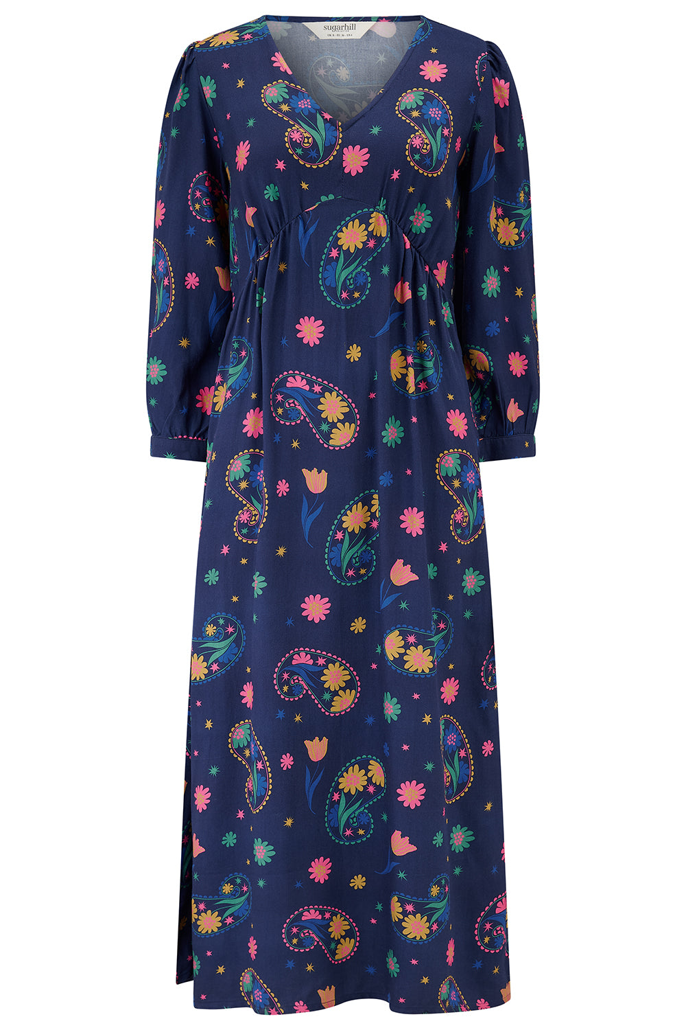 Navy blue dress with colorful floral and paisley patterns on a white background