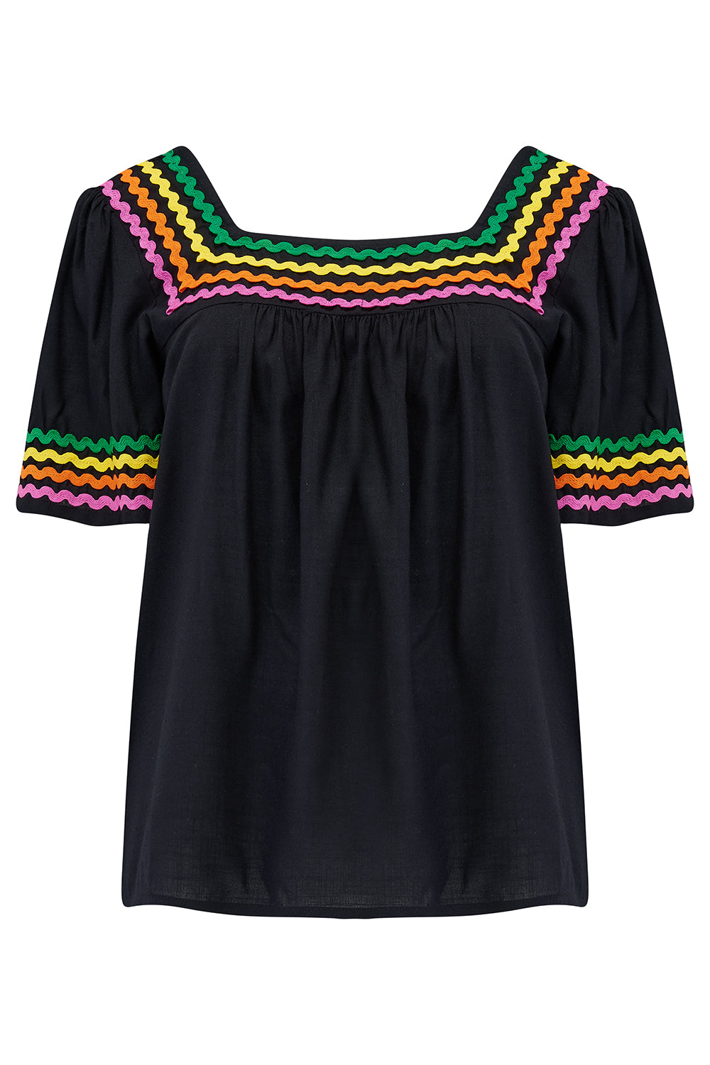 A black top with rainbow-colored ric rac detailing around the square neckline.