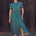 A model wearing a midi shirt dress with a green base and concentric circle pattern in blue, pink, and red. The dress features a neat collar, a button front, and puff short sleeves.