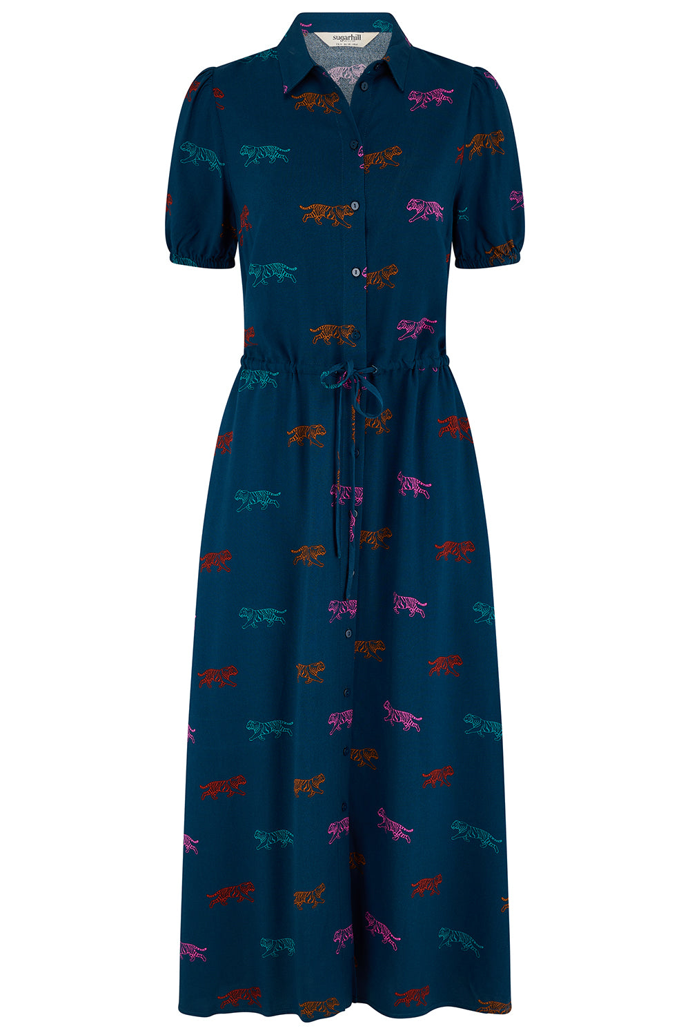A short-sleeve collared midi dress in dark teal blue with an allover embroidered dragonfly pattern in pink, orange, and green, featuring a button-up front and a drawstring waist.