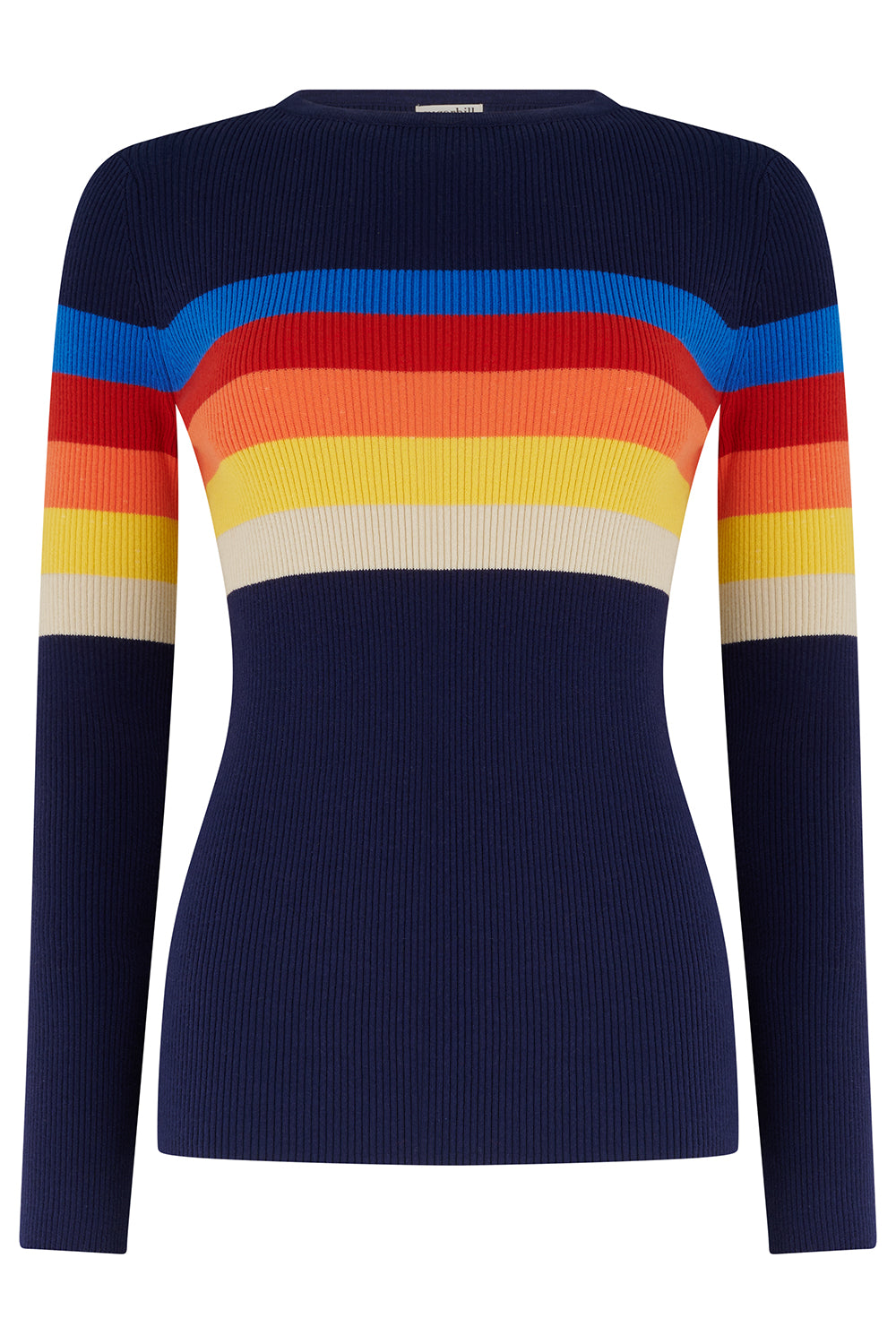 Navy sweater with colorful horizontal stripes on a white background