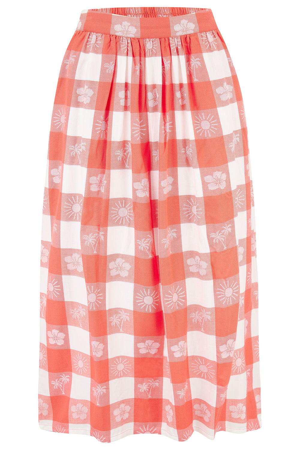 Off-white and coral tropical gingham skirt with a fitted waistband and side pockets.