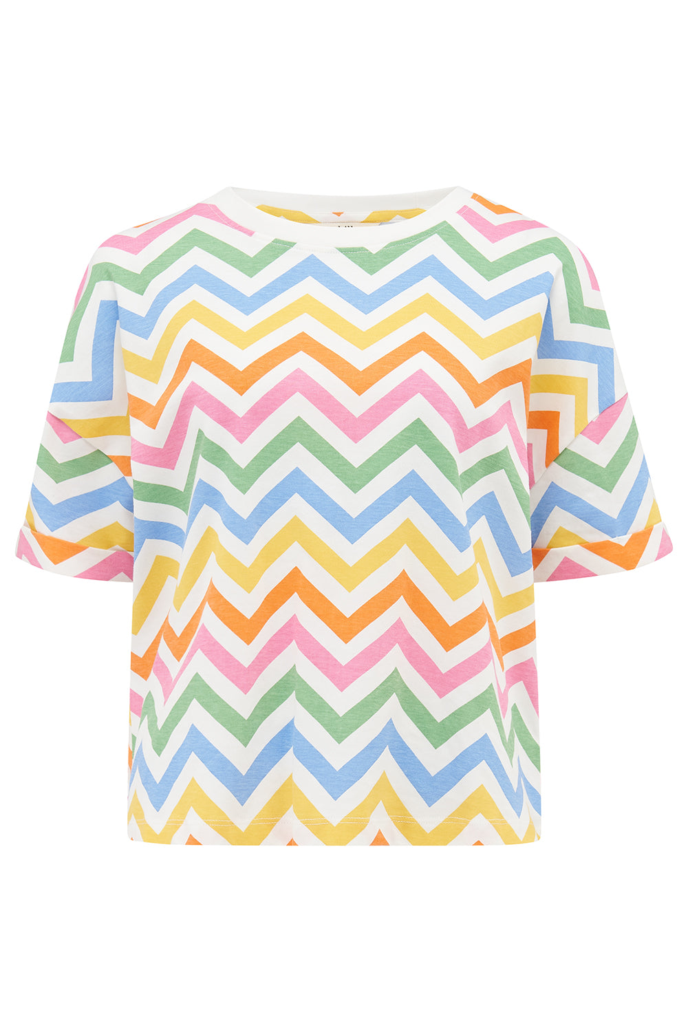 A multicolored t-shirt with a zigzag rainbow stripe design and short sleeves.