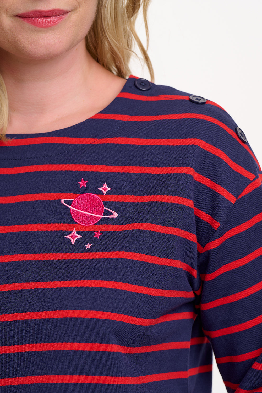 Sugarhill Brighton navy and red striped shirt with space-themed design on a white background