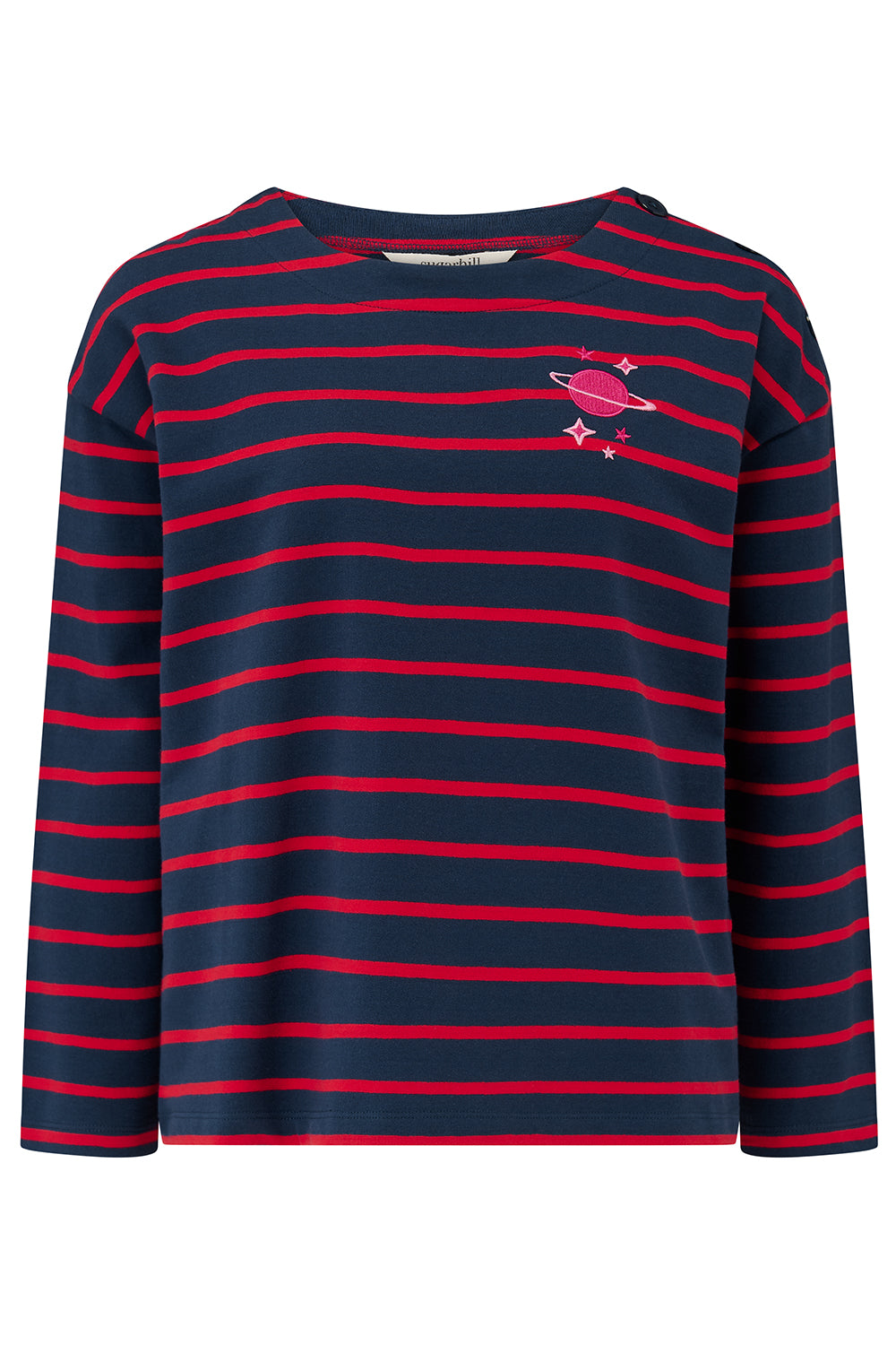 Sugarhill Brighton navy and red striped long-sleeve shirt with a small design on a white background