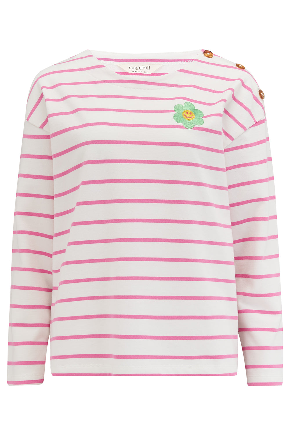 An off-white and pink striped Breton top with a smiley flower embroidery on the chest.