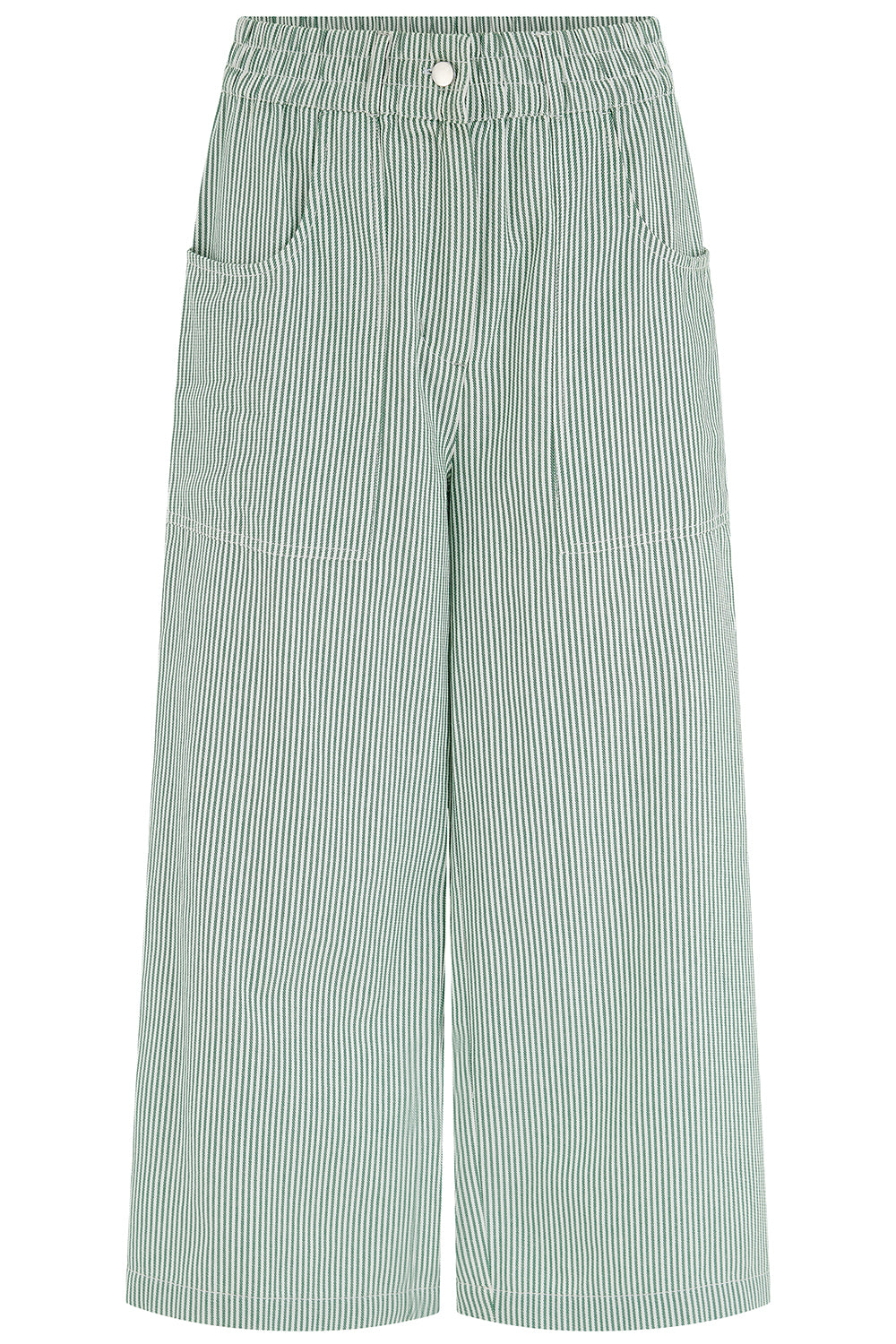 Green and white striped wide-leg pants on a white background