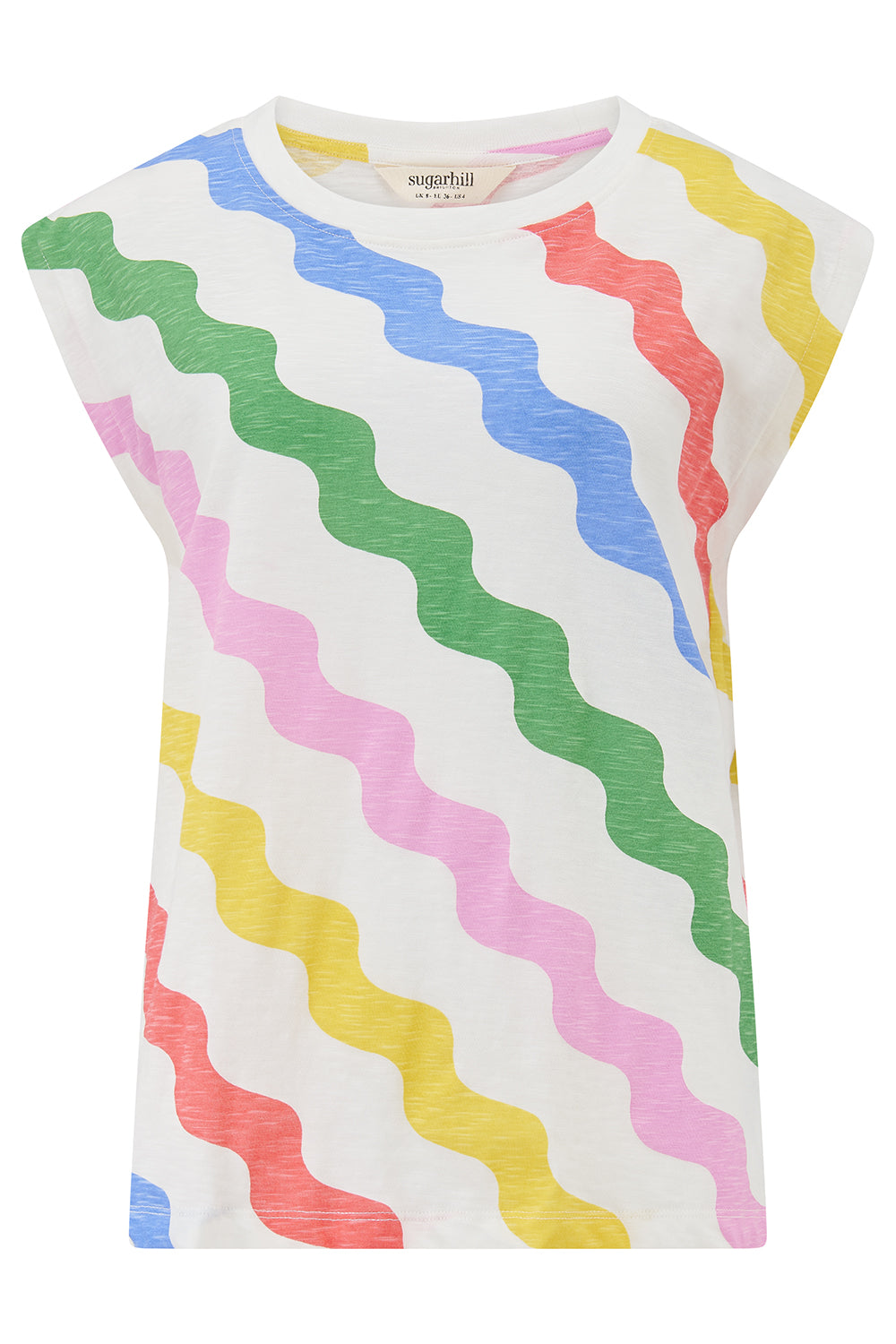 A sleeveless t-shirt with a geometric pattern of rainbow-colored waves on an off-white background.