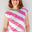 Woman wearing a pink and white striped sleeveless top against a light background