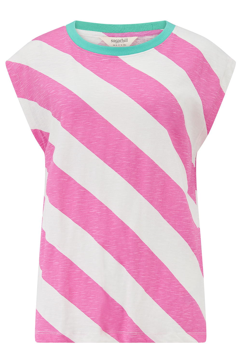 Pink and white striped sleeveless top with green trim on a white background