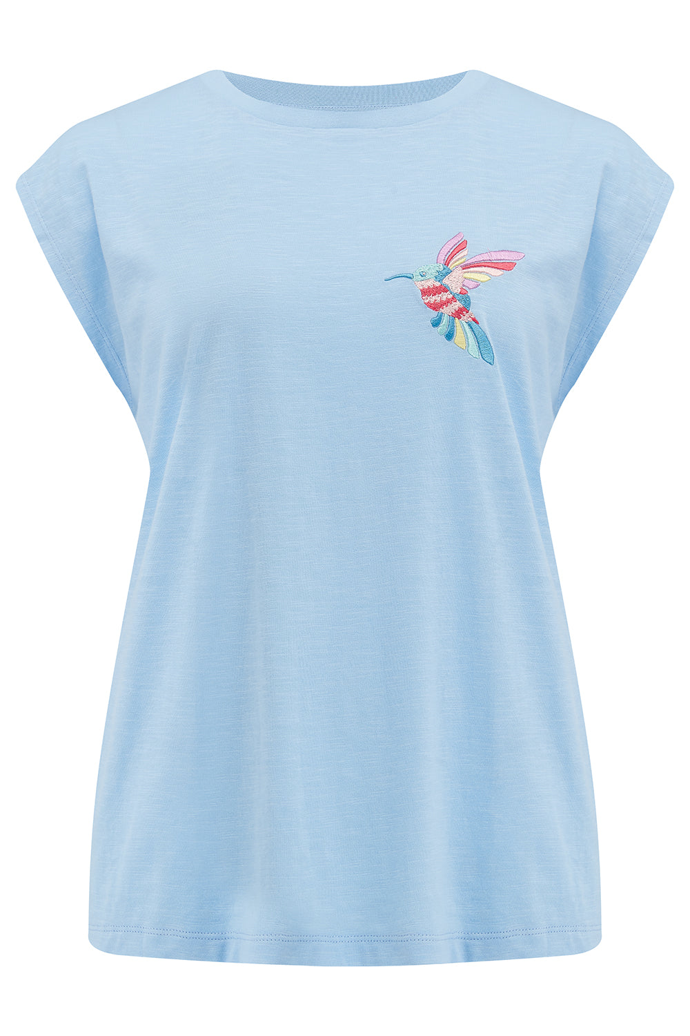 A pale blue sleeveless T-shirt with a tropical hummingbird graphic on the front.