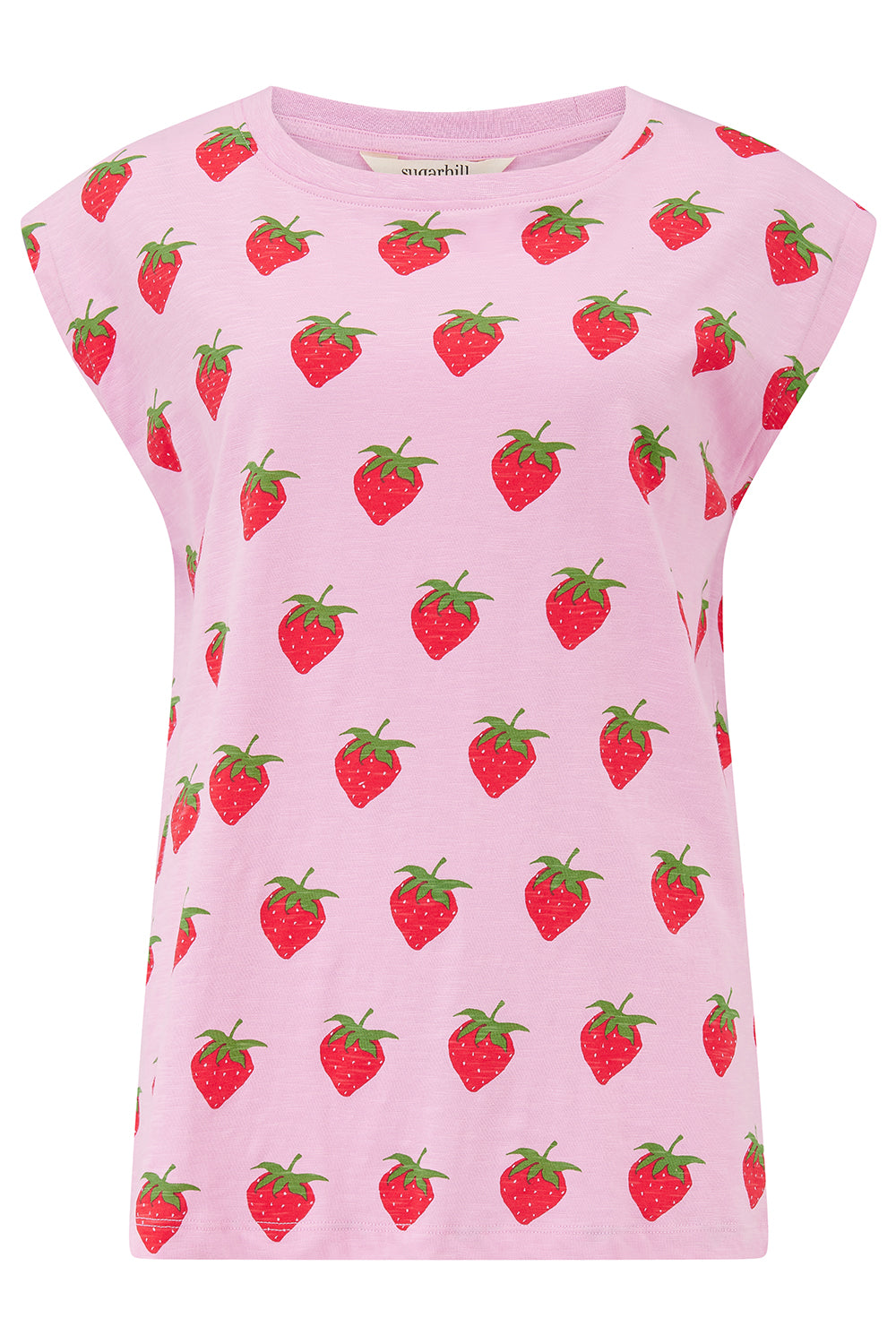 Pink sleeveless top with strawberry pattern on a white background