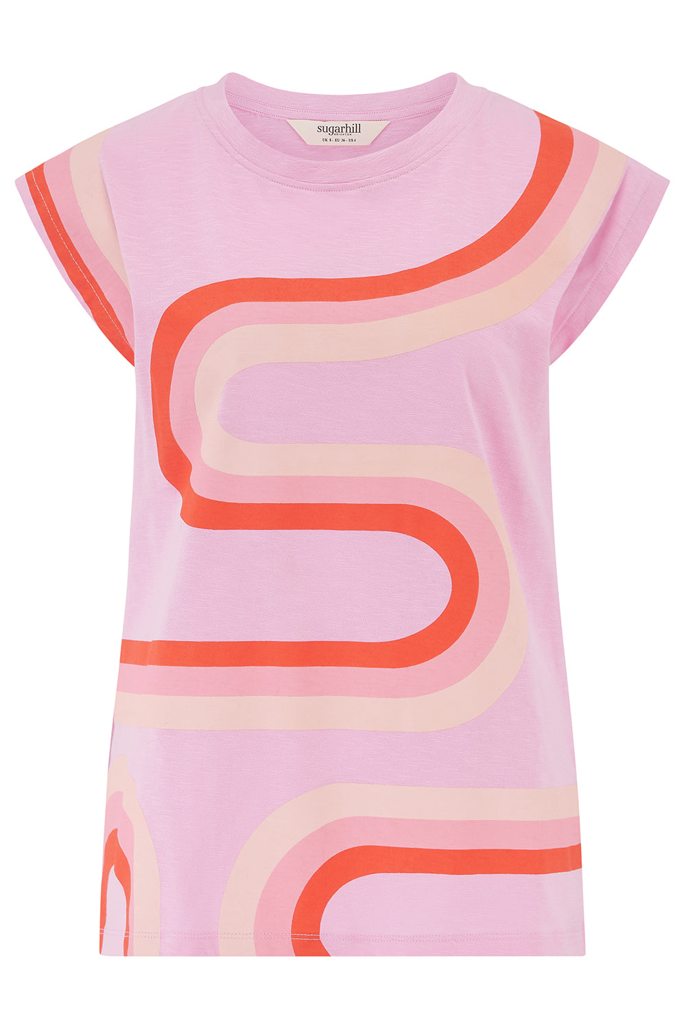 Pink dress with red and beige abstract pattern on a white background