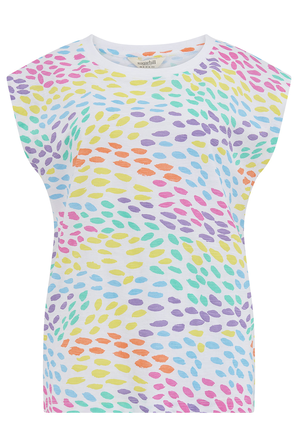 Sleeveless top with colorful abstract pattern on a white background
