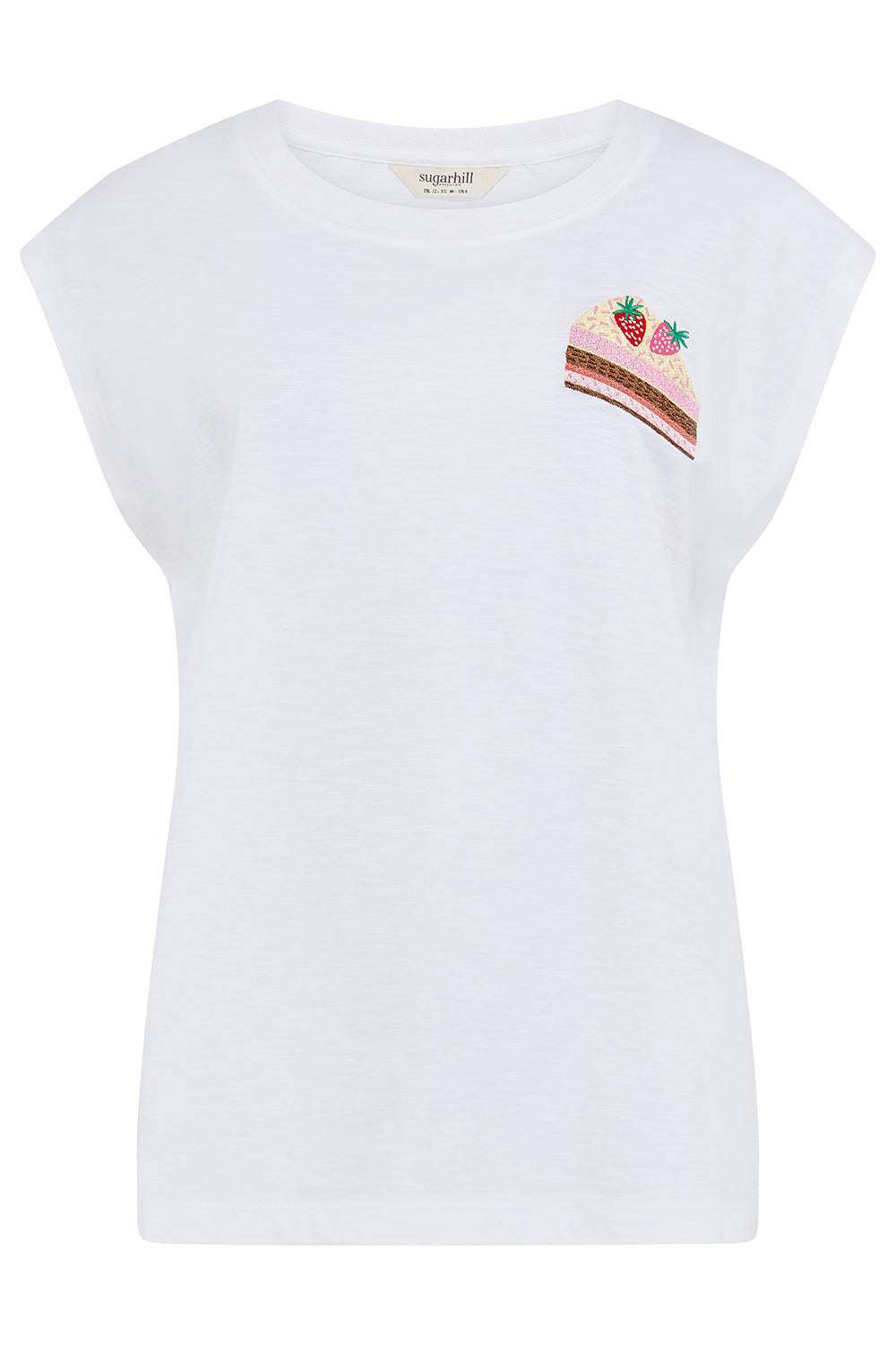 White sleeveless top with a small graphic on a white background
