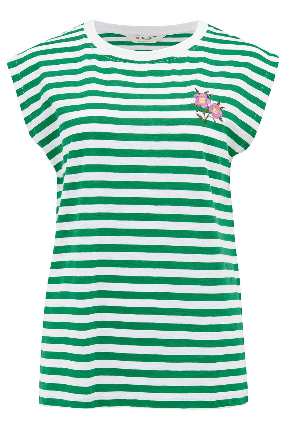 Green and white striped dress with a floral design on a white background