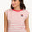 Woman wearing a red and white striped shirt with a colorful logo on a white background