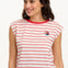 Woman wearing a red and white striped shirt with a colorful logo on a white background