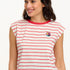 Woman wearing a red and white striped shirt with a colorful logo on a white background