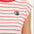 Woman wearing a red and white striped shirt with a colorful logo on a white background