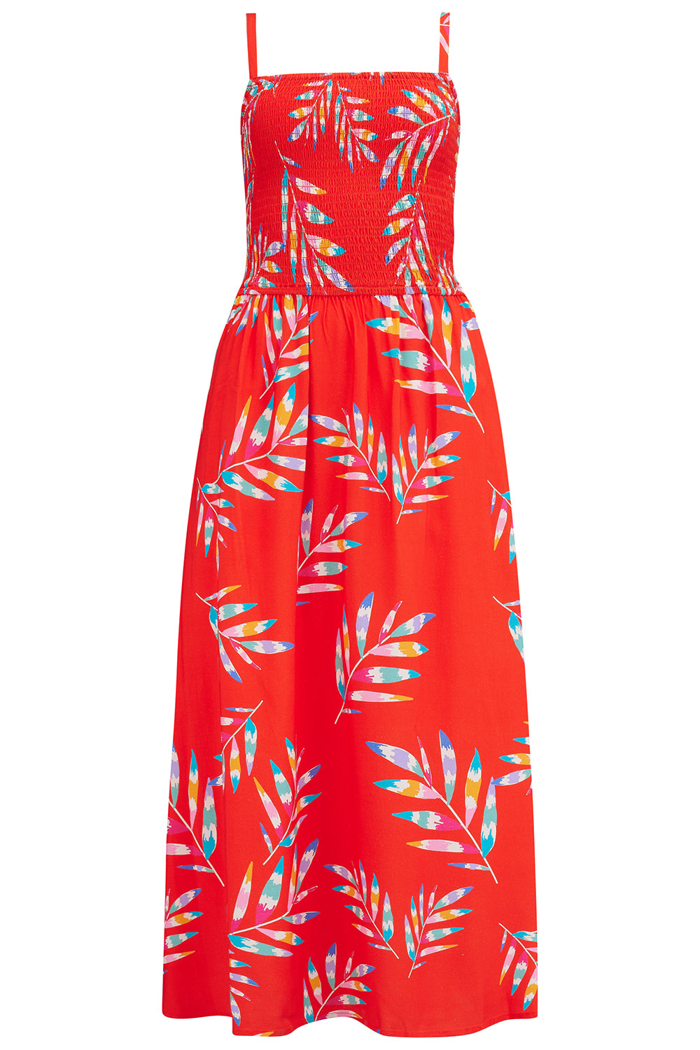 A red midi dress with a shirred bust and a floral pattern in rainbow colors. It features a long skirt and adjustable straps.
