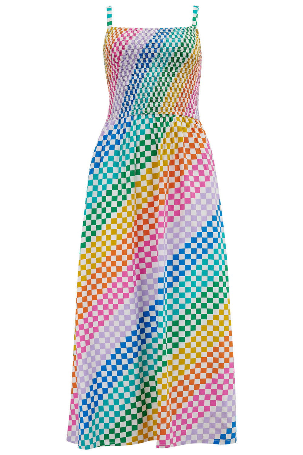 A multicolored rainbow checkerboard sundress with shirred top and midi length.