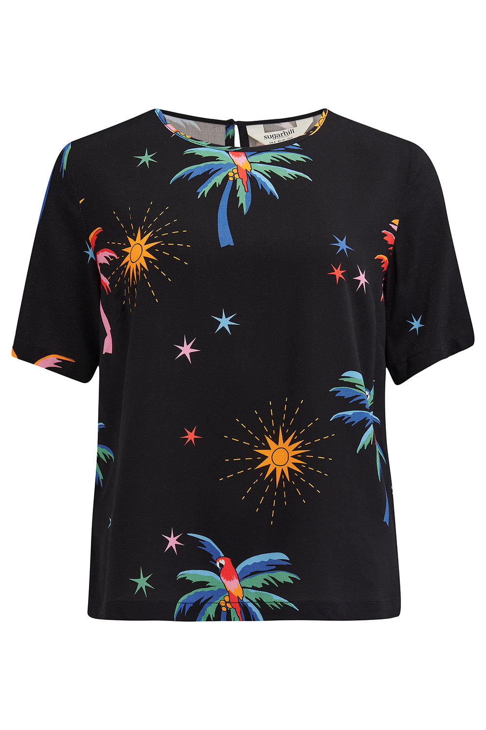 A black t-shirt with a colorful palm tree and star pattern