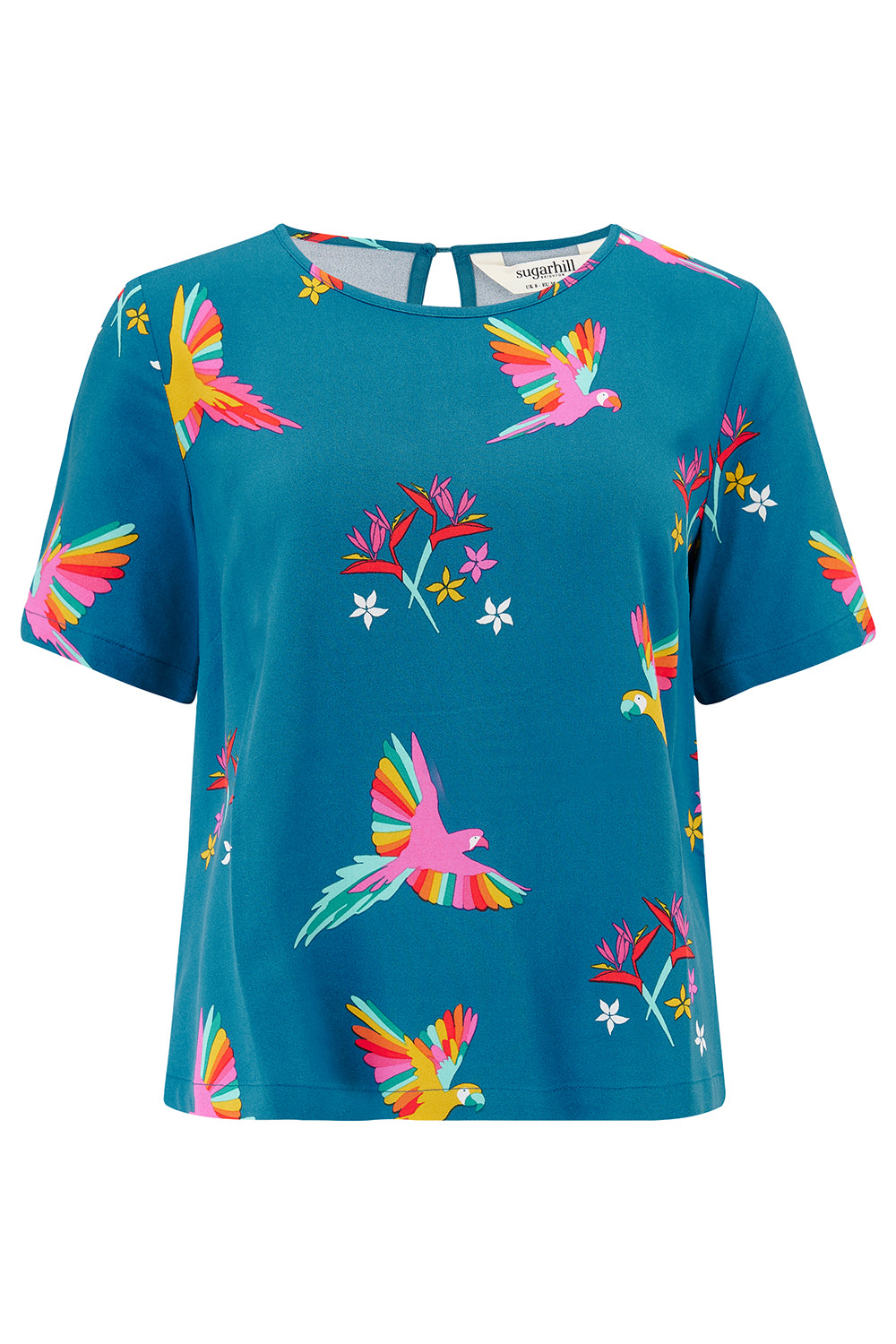 A teal t-shirt with a pattern of rainbow parrots