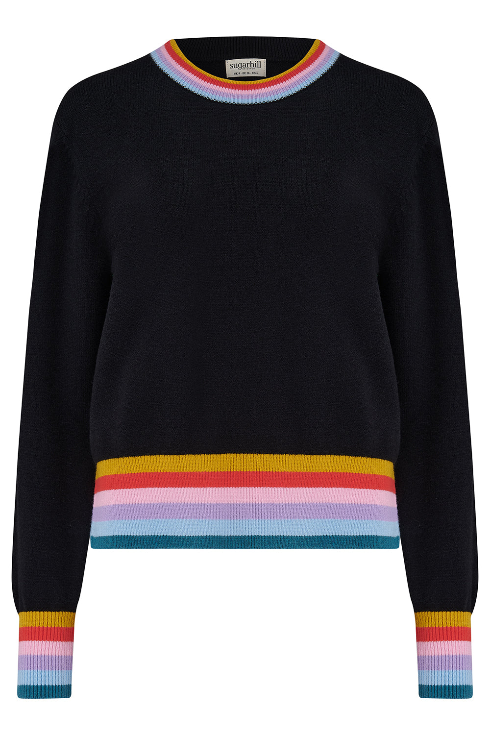 Black sweater with colorful striped cuffs and hem on a white background