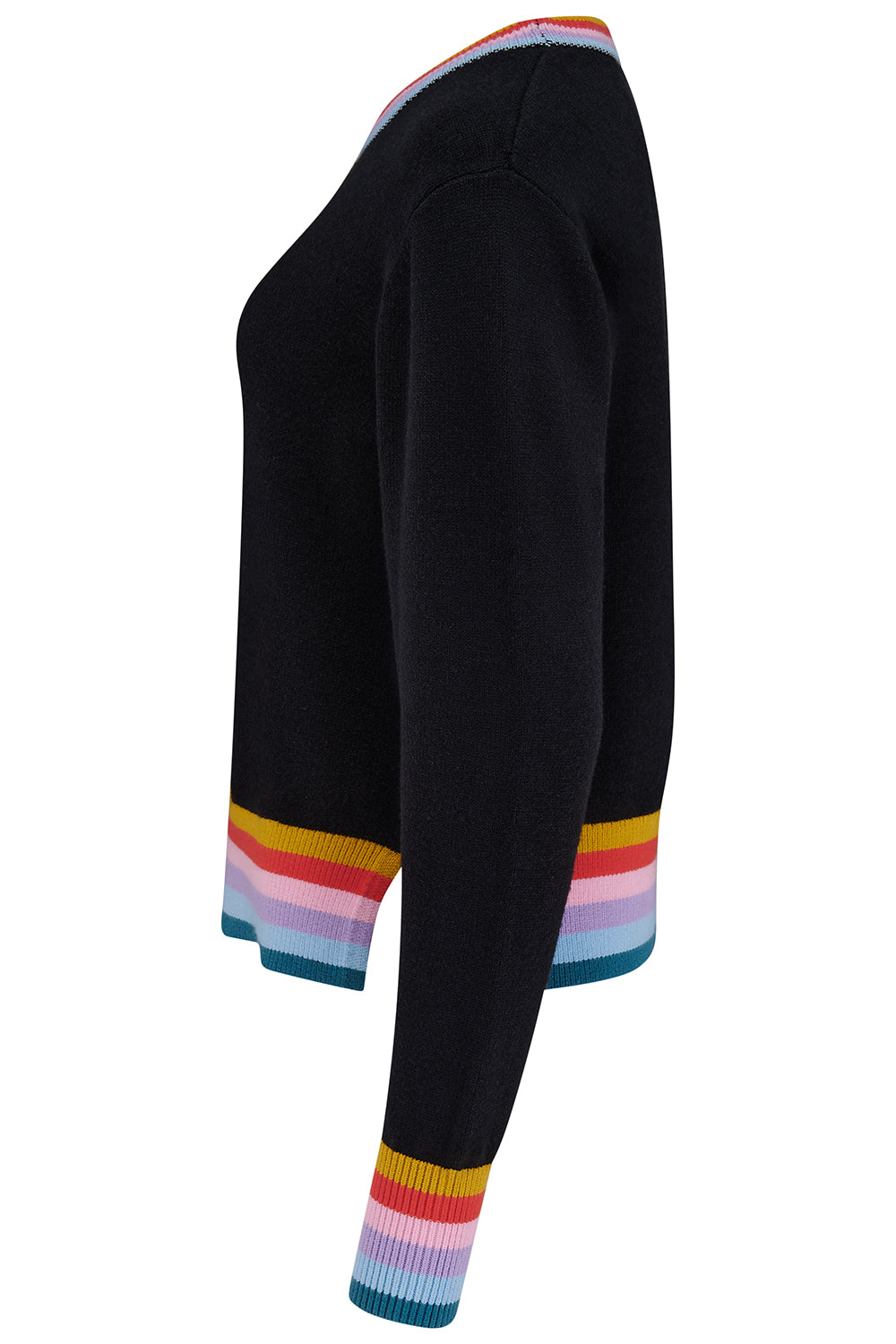 Black sweater with colorful cuffs and hem on a white background