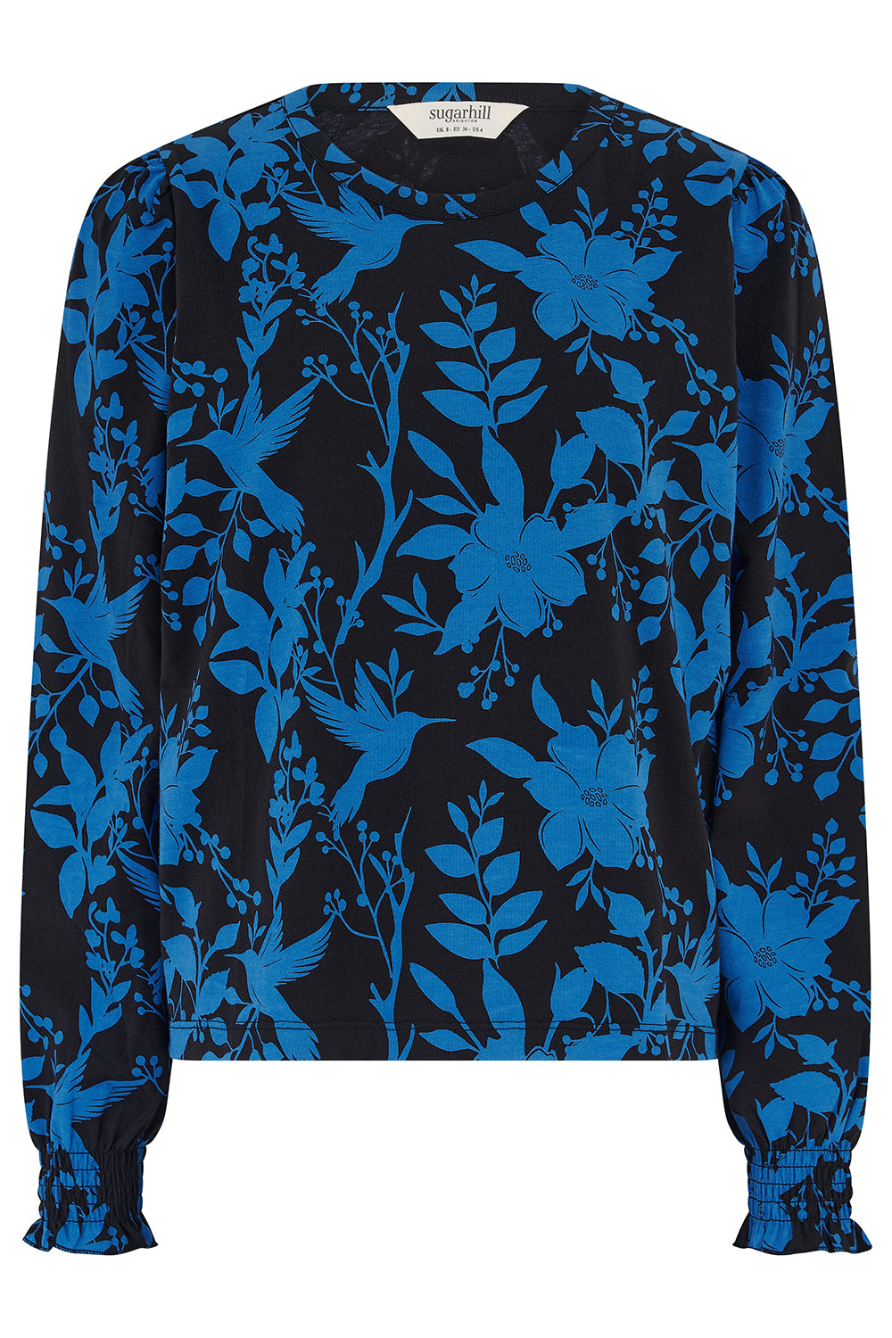 Blue floral patterned blouse on a black background