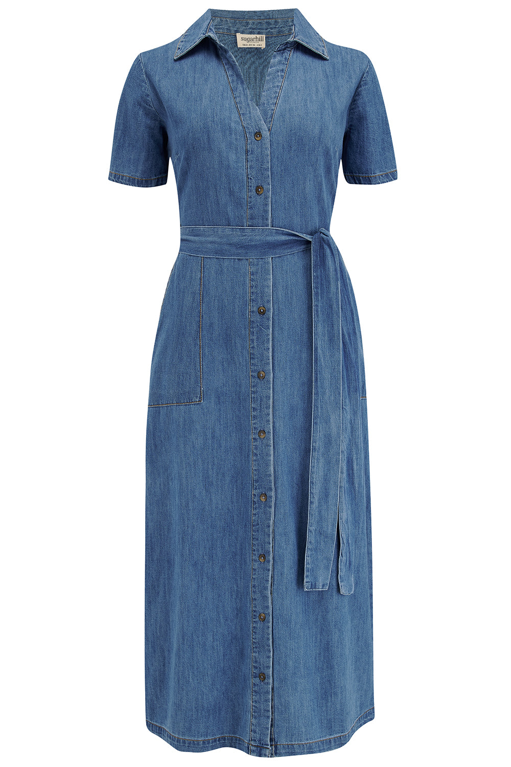 A mid blue denim shirt dress with long sleeves, a round neckline, and a tie waist.