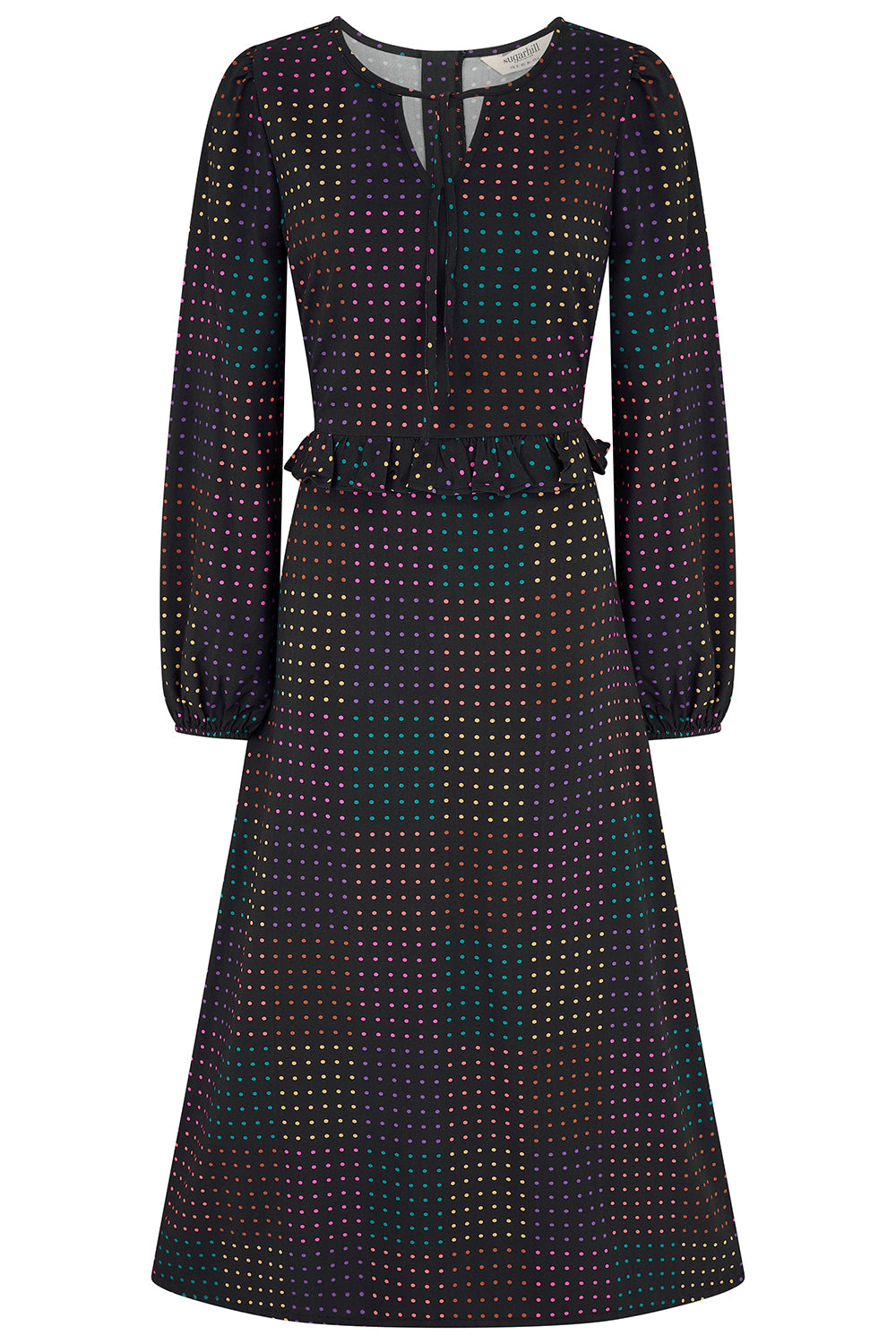 A long-sleeve midi dress with a dark base and a dense multicolor dotted pattern, featuring a tie-neck detail and a matching waist tie, shown against a plain white background.