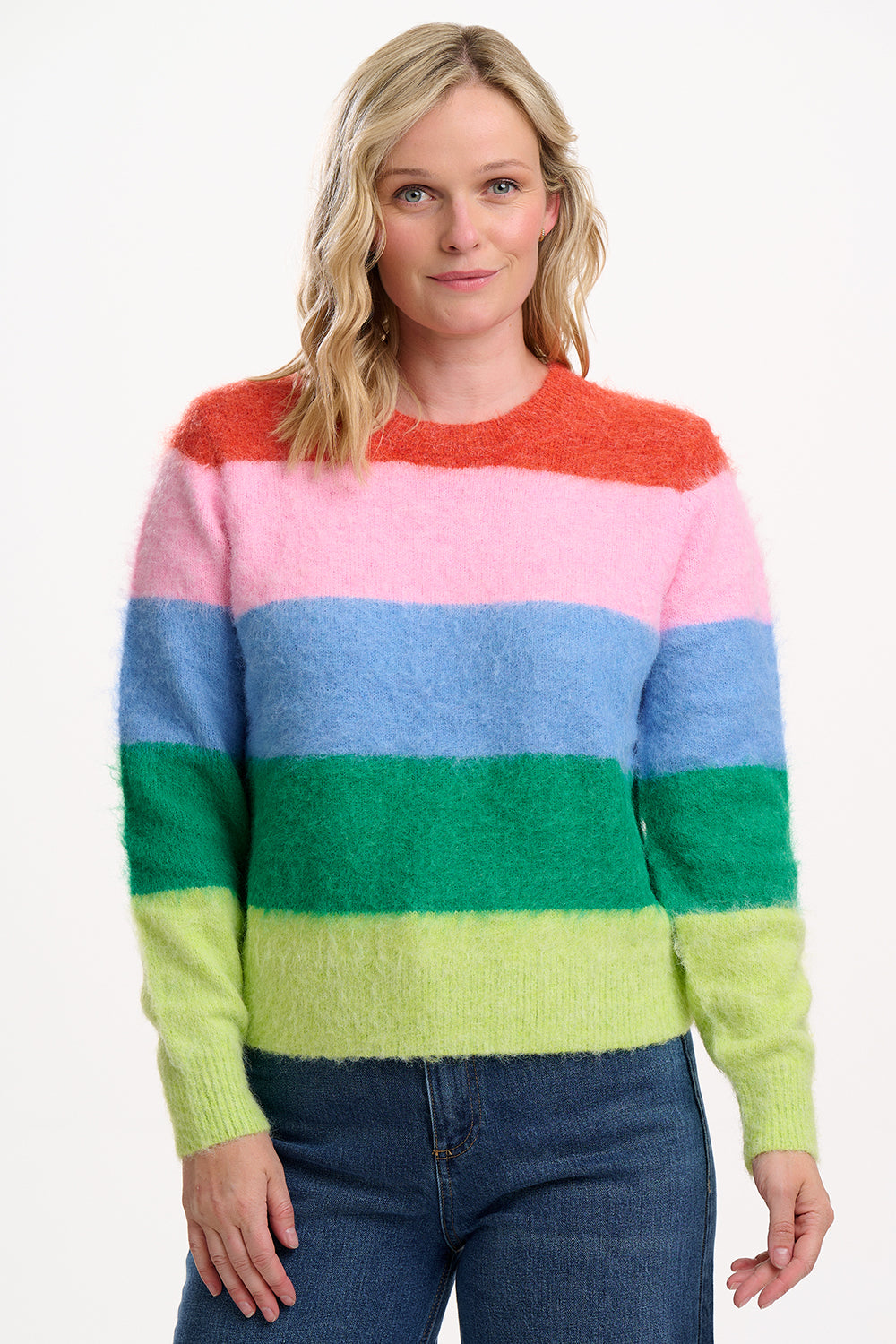 model wearing multicoloured striped fluffy jumper 