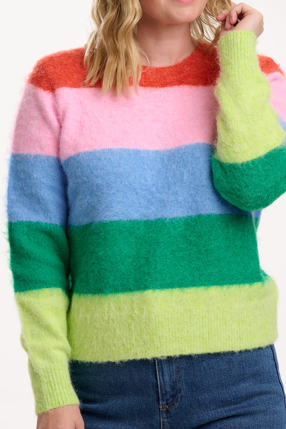 model wearing multicoloured striped fluffy jumper 