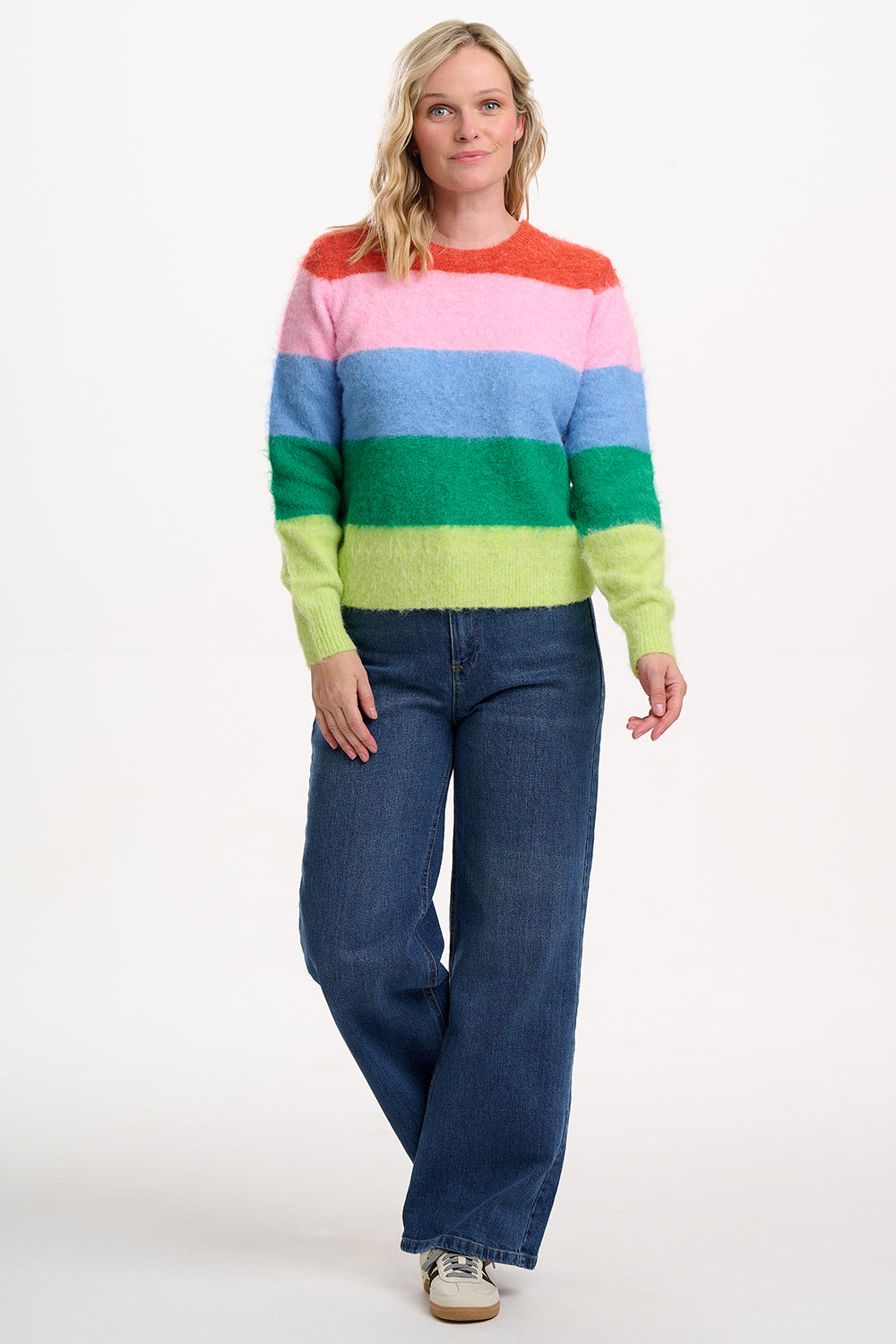 model wearng multicoloured striped fluffy jumper 