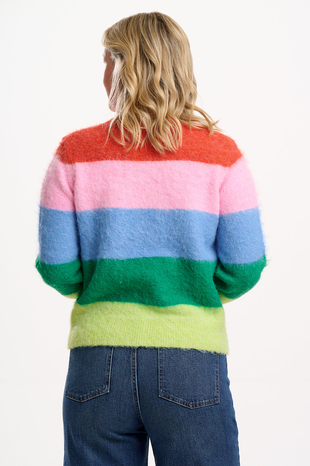model wearng multicoloured striped fluffy jumper 