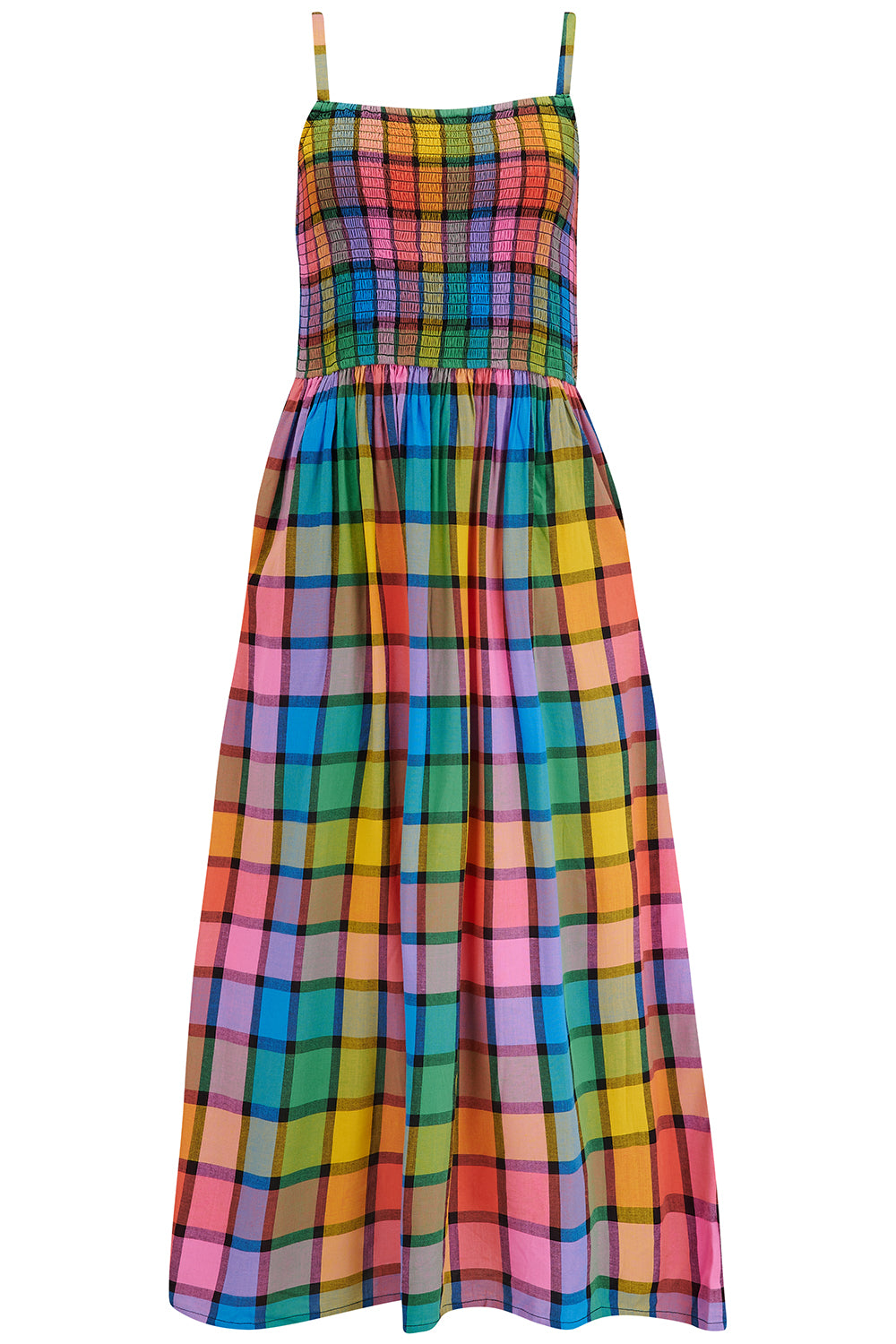A woman wearing a multicolored checkered midi sundress with a shirred bodice and thin straps, in a rainbow check pattern.