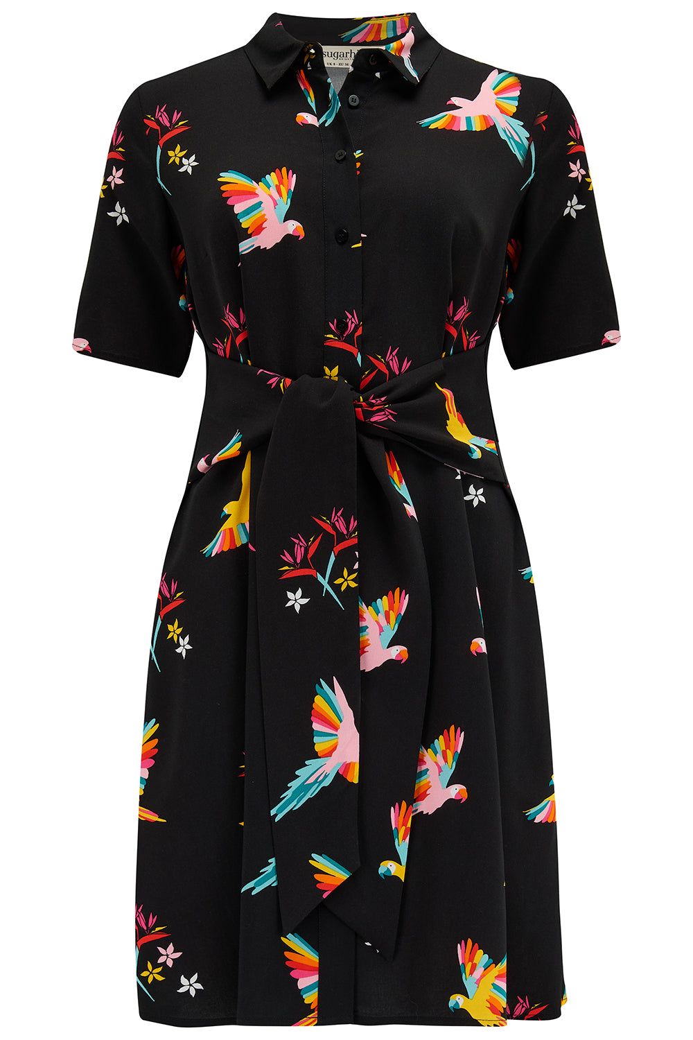 A short-sleeved black shirt dress with a Tropical Parrots print, featuring a collar, button-up front, and a tie-front belt.