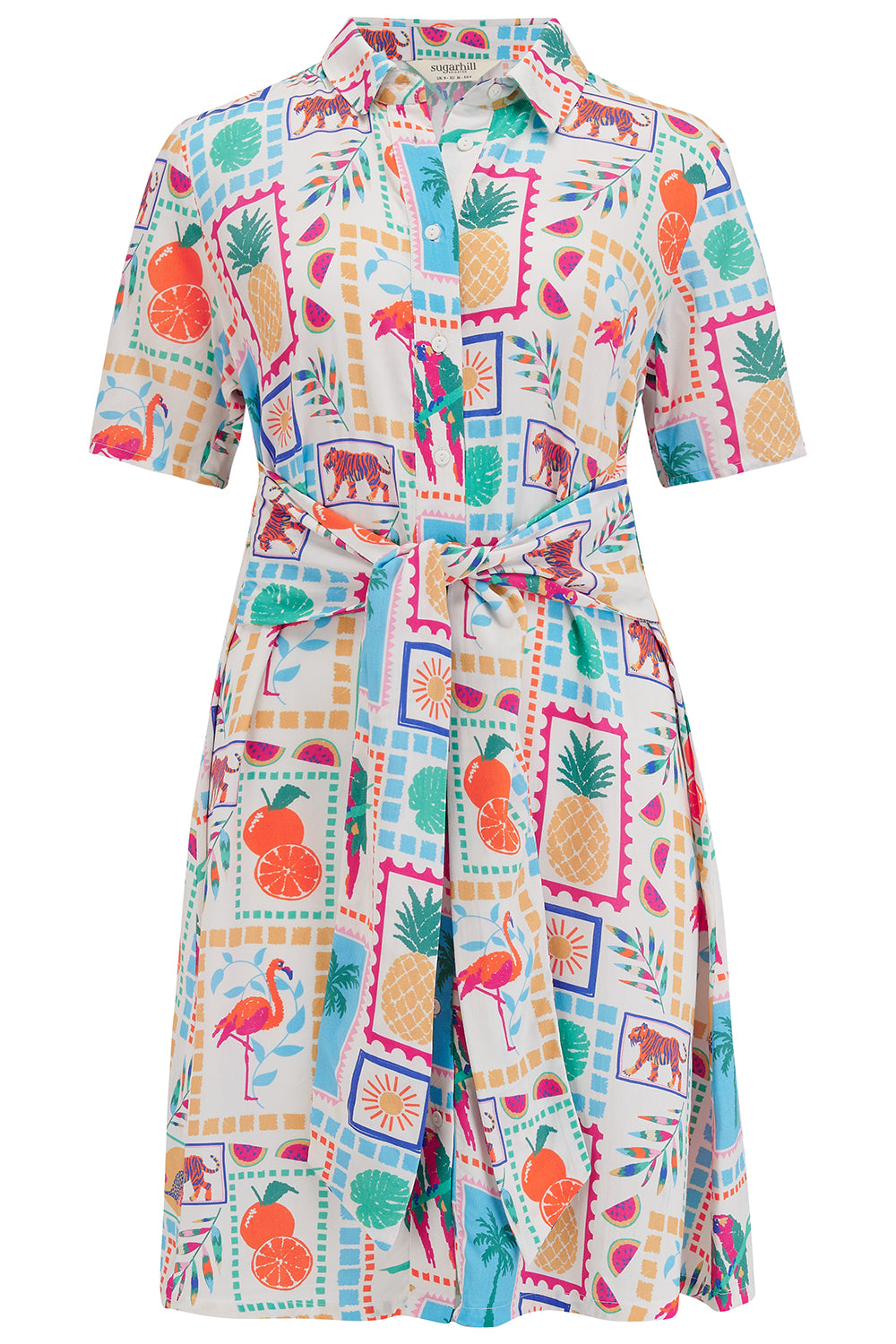 A short-sleeved shirt dress with a tie-front belt and a multicolored jungle tile print.
