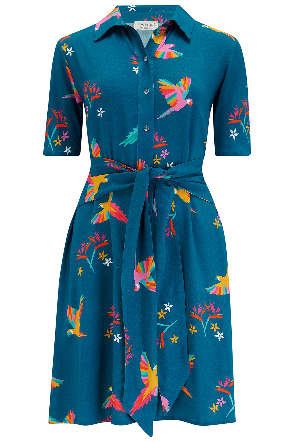 A teal shirt dress with a Rainbow Parrots print, featuring short sleeves and a tie-front belt.