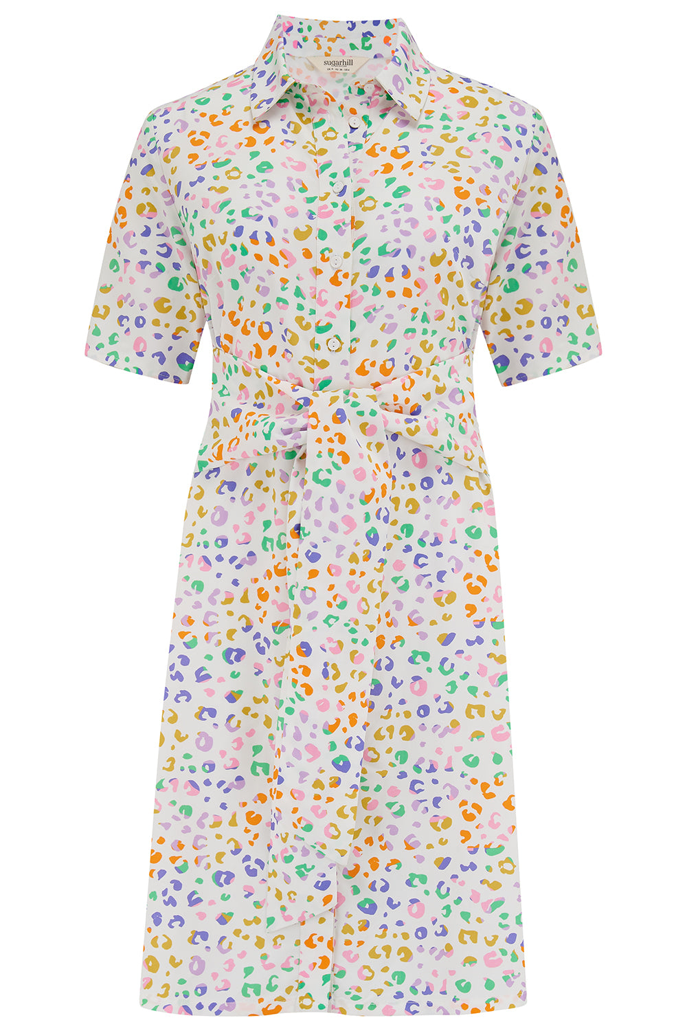 An off-white shirt dress with a mottled leopard print, featuring a button-up front, short sleeves, and a tie-front belt.