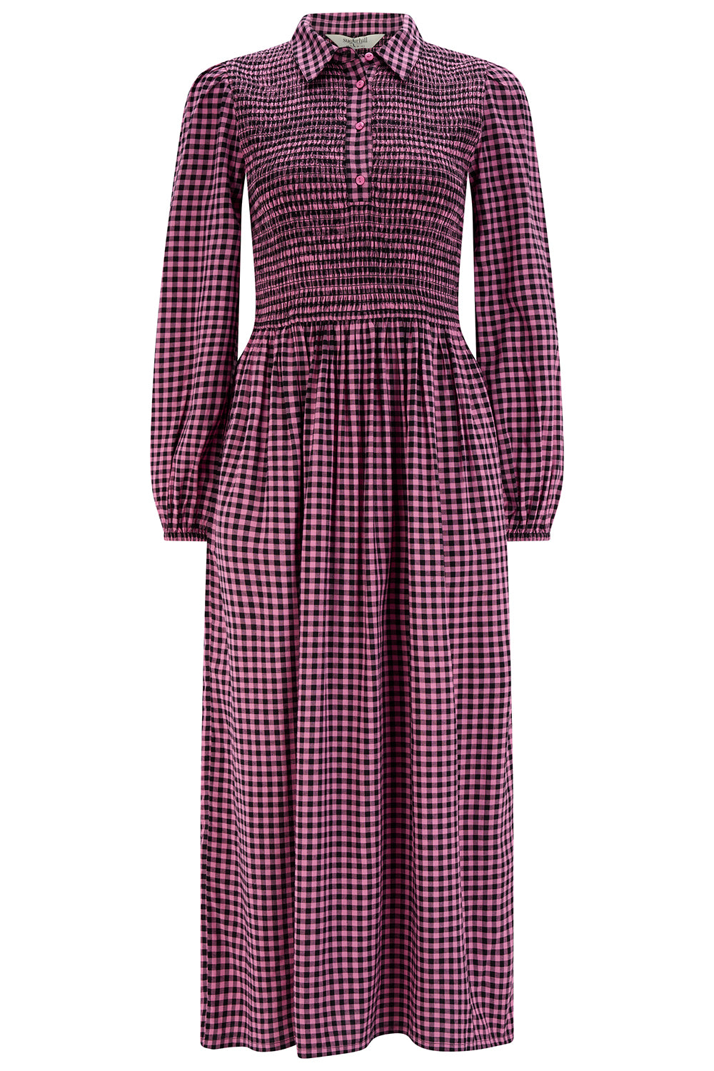 Purple and white checkered dress on a white background