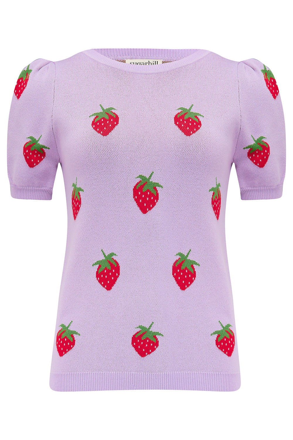 A lilac-colored knit top with a pattern of vibrant strawberries.