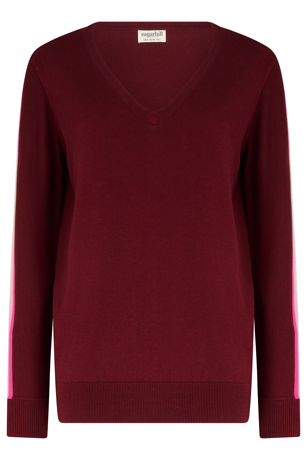 Maroon sweater with a visible brand label on a white background