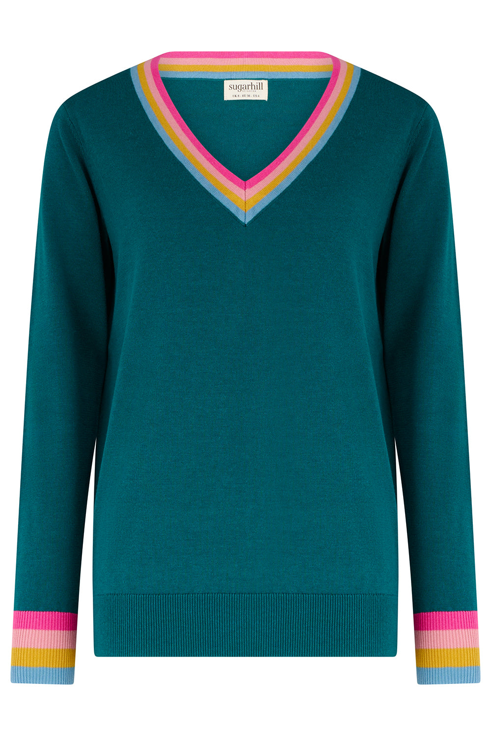 Teal sweater with colorful trim on a white background