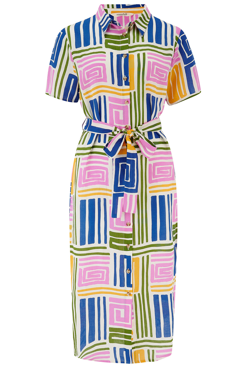 Colorful geometric patterned dress on a white background