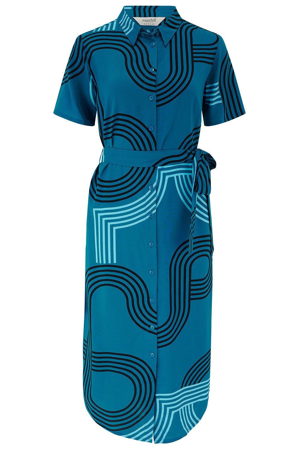 Blue dress with black geometric pattern on a white background